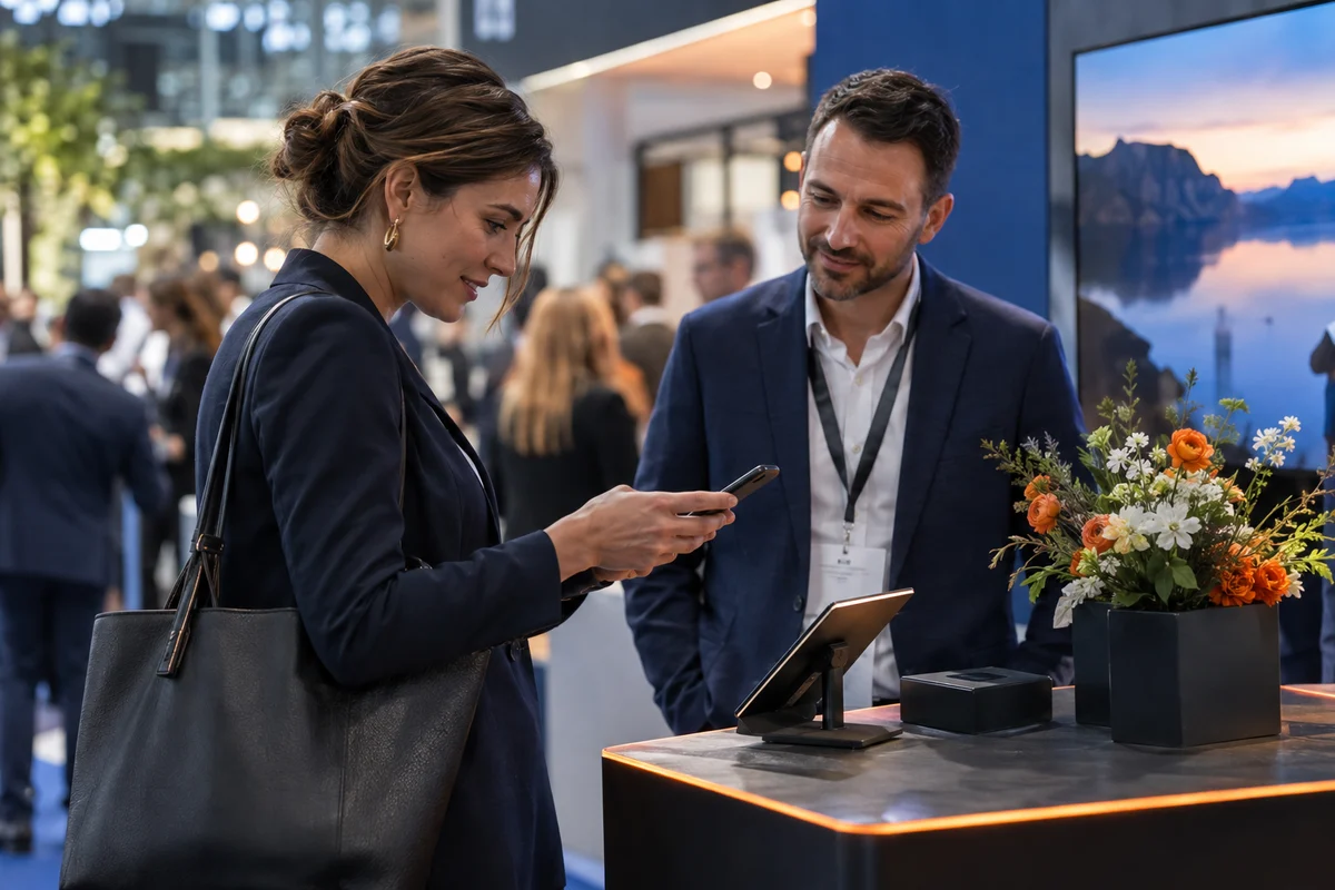 An event visitor using a phone to continue a conversation with an exhibitor