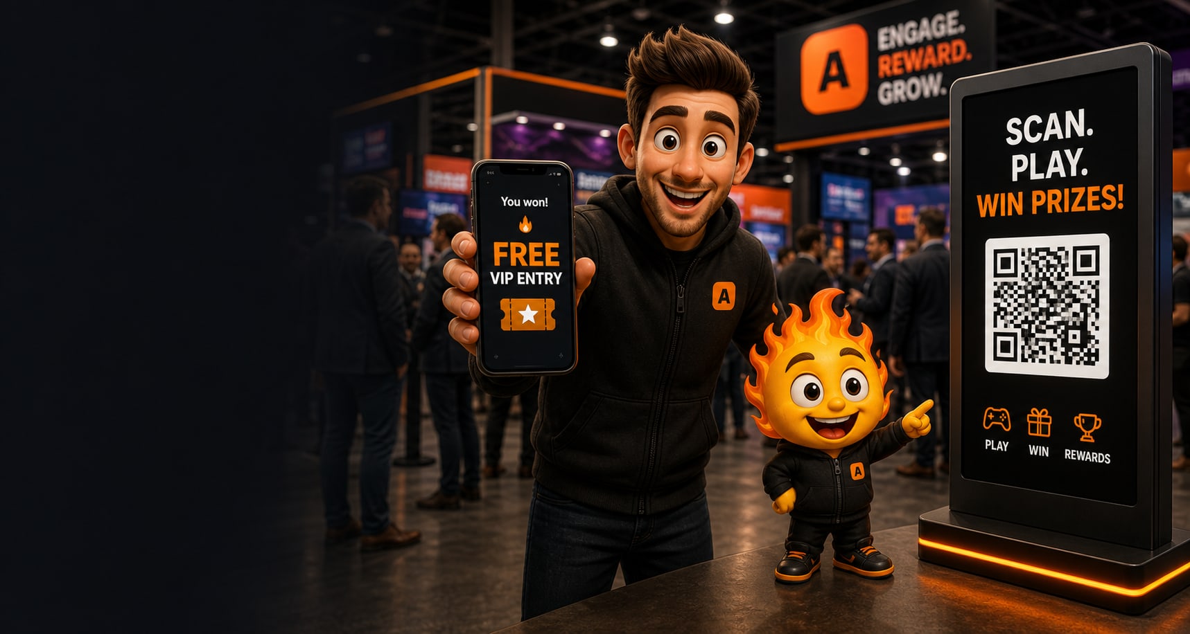 Spark and Guy demonstrating an Ablaze DM engagement campaign at a trade show